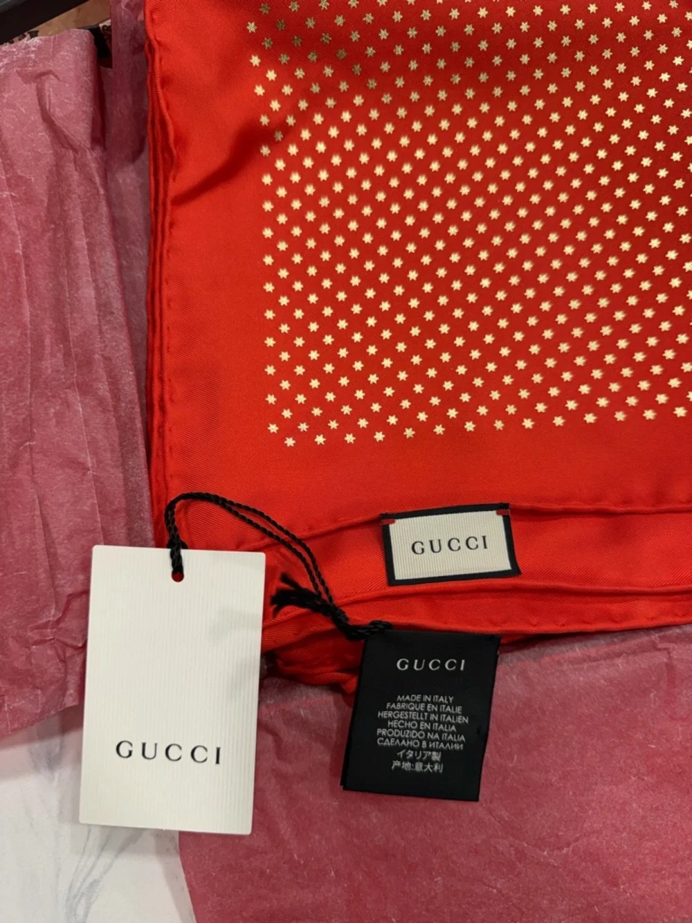 Gucci Red Scarf with Gold Star Motif - Picture 2 of 3